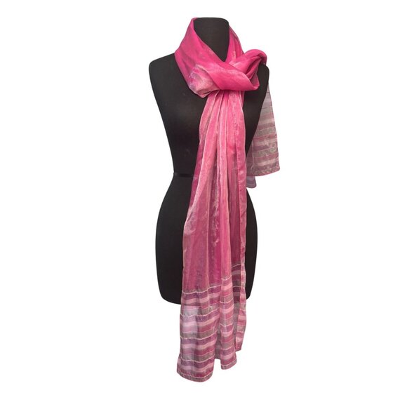 Sheer Chiffon Pink Striped Womens Scarf Shiny Lightweight  Bead Embellishment - Picture 2 of 6
